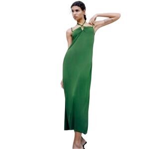 Zara Emerald Green Strapless V-Neck Keyhole Halter Top Tie Back Maxi Dress M